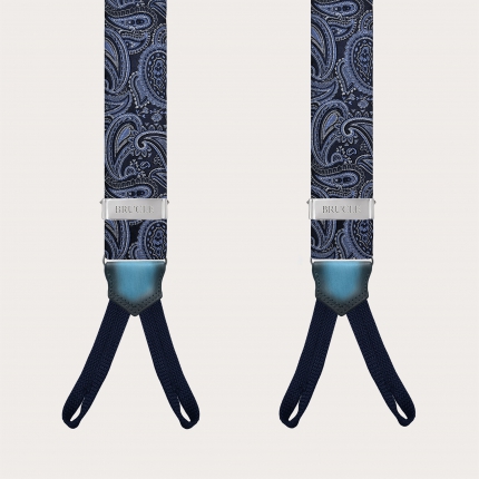 Men's silk suspenders with loops, light blue and blue paisley