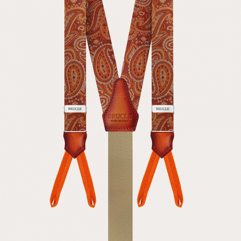 Herrenhosenträger für Knöpfe mit Orange-Marsala Paisley-Muster