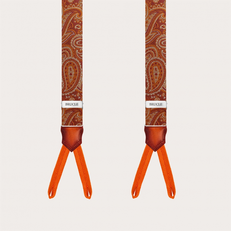 Men's Suspenders for Buttons with Orange-Marsala Paisley Pattern