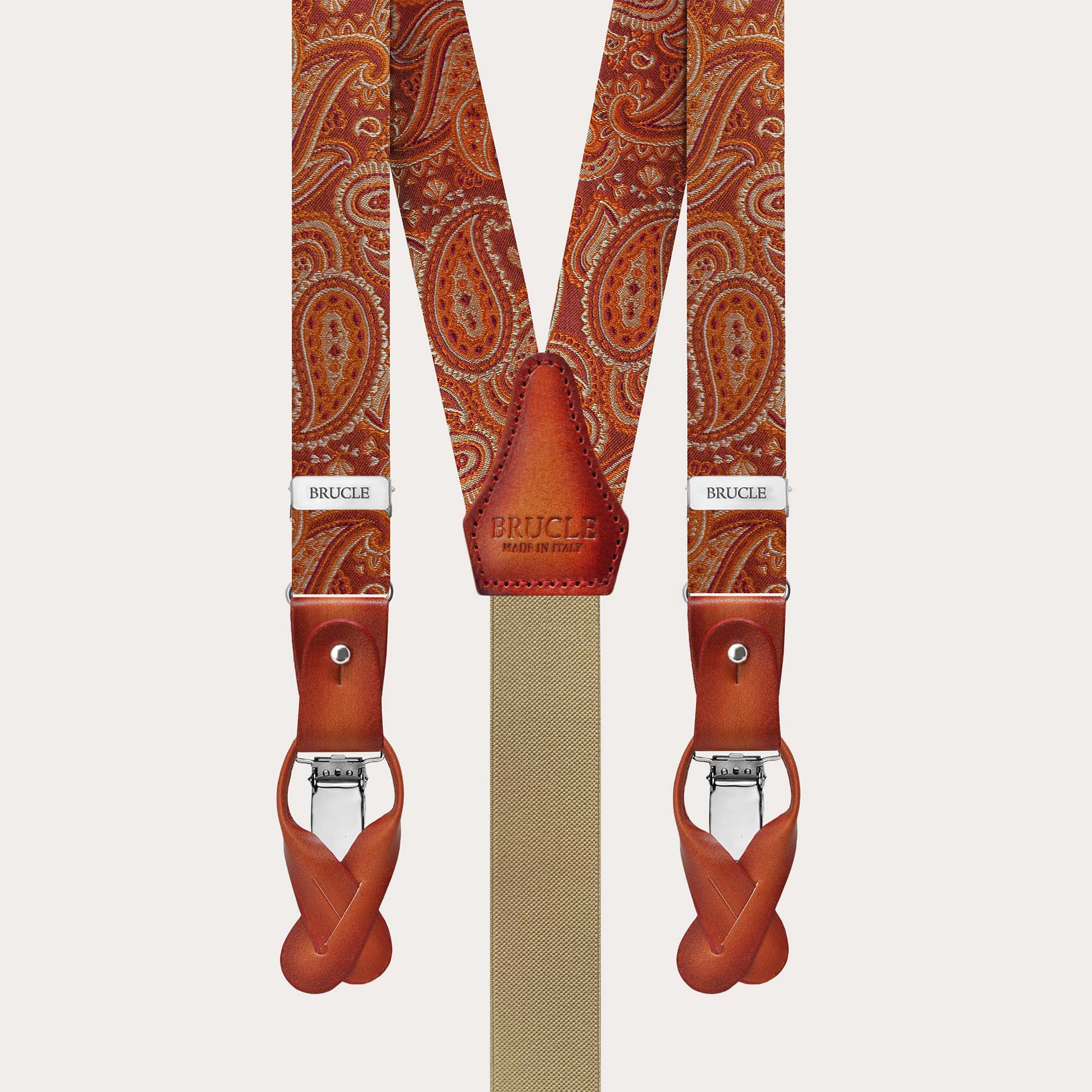 Orange slim silk suspenders with a paisley design