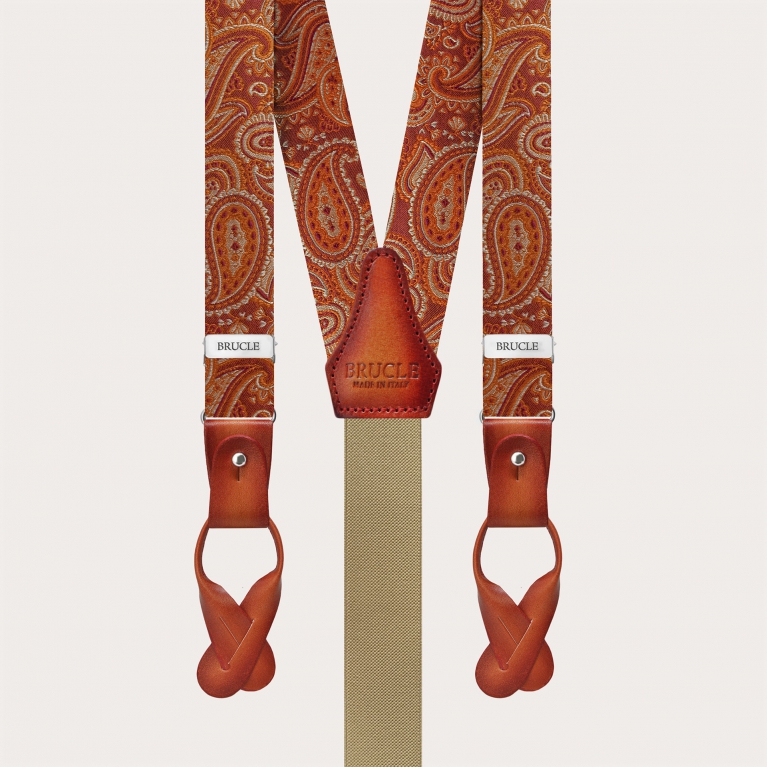 Orange slim silk suspenders with a paisley design