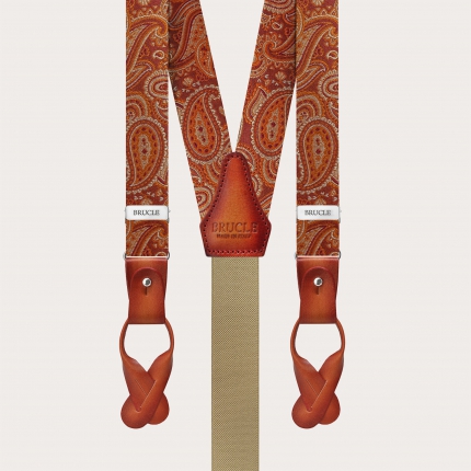 Orange slim silk suspenders with a paisley design