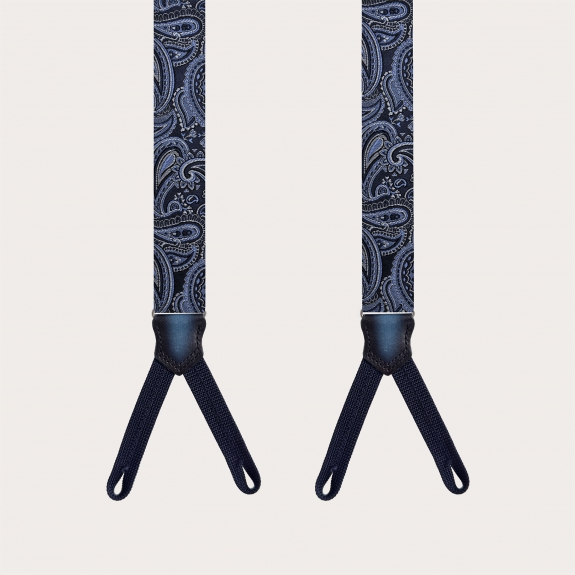 Refined Men's Narrow Silk Suspenders in Blue paisley designed for buttons