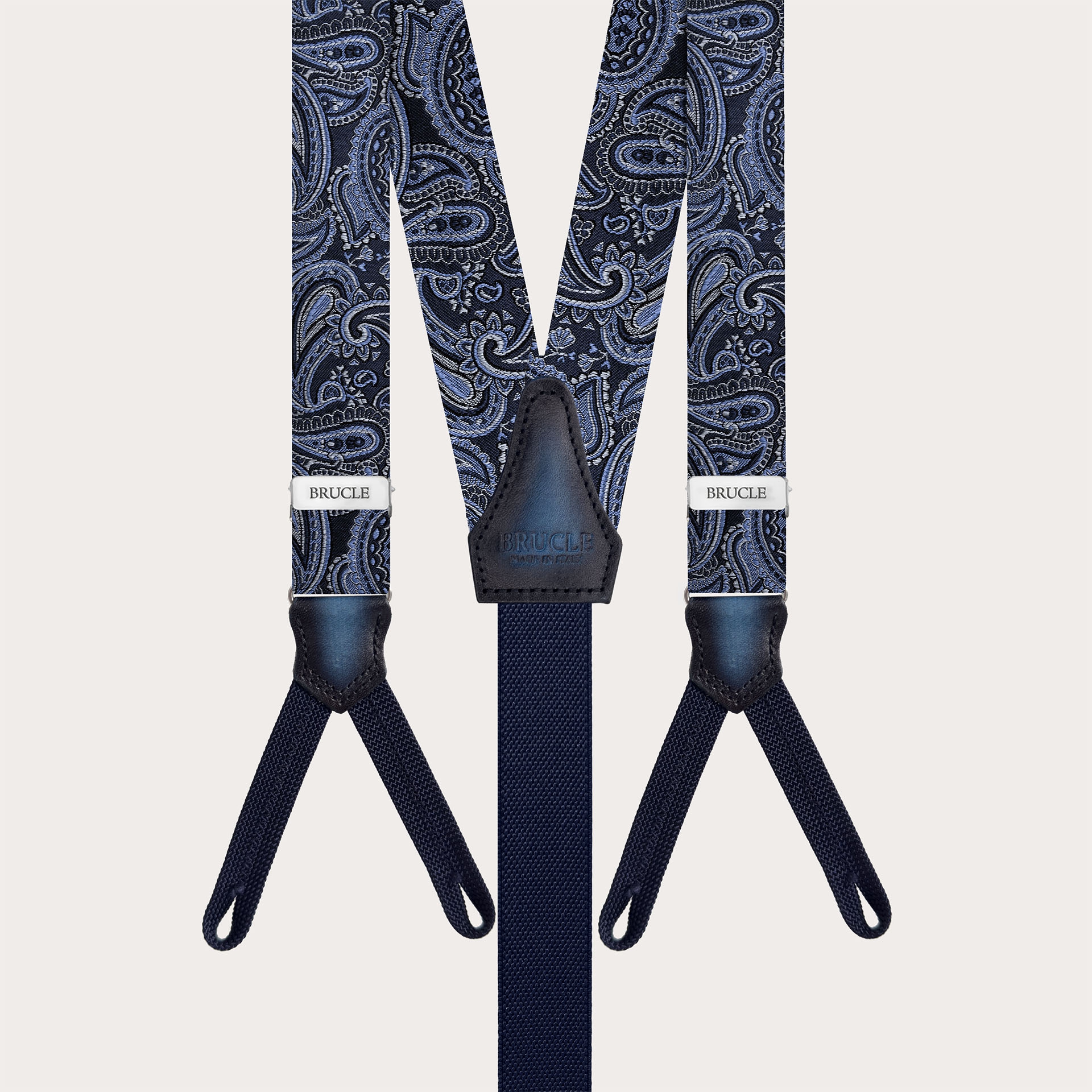 Refined Men's Narrow Silk Suspenders in Blue paisley designed for buttons