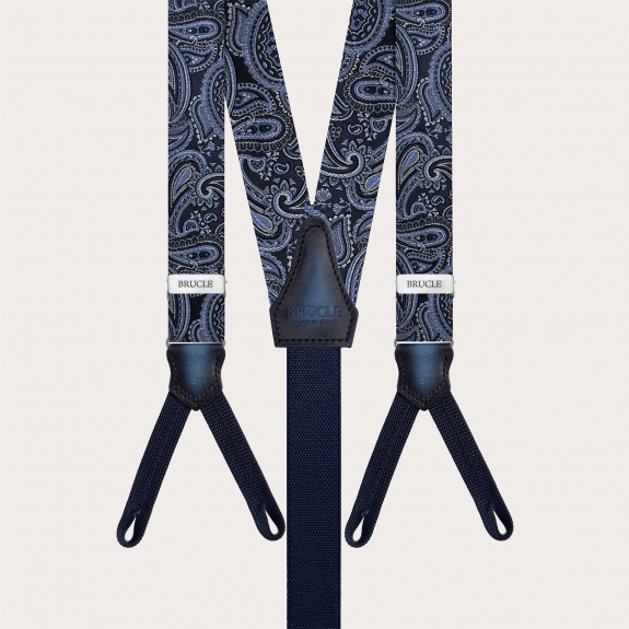 Refined Men's Narrow Silk Suspenders in Blue paisley designed for buttons