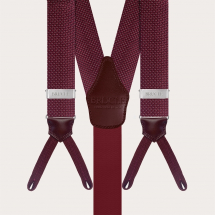 Silk suspenders for buttons with burgundy pin dot buttonholes