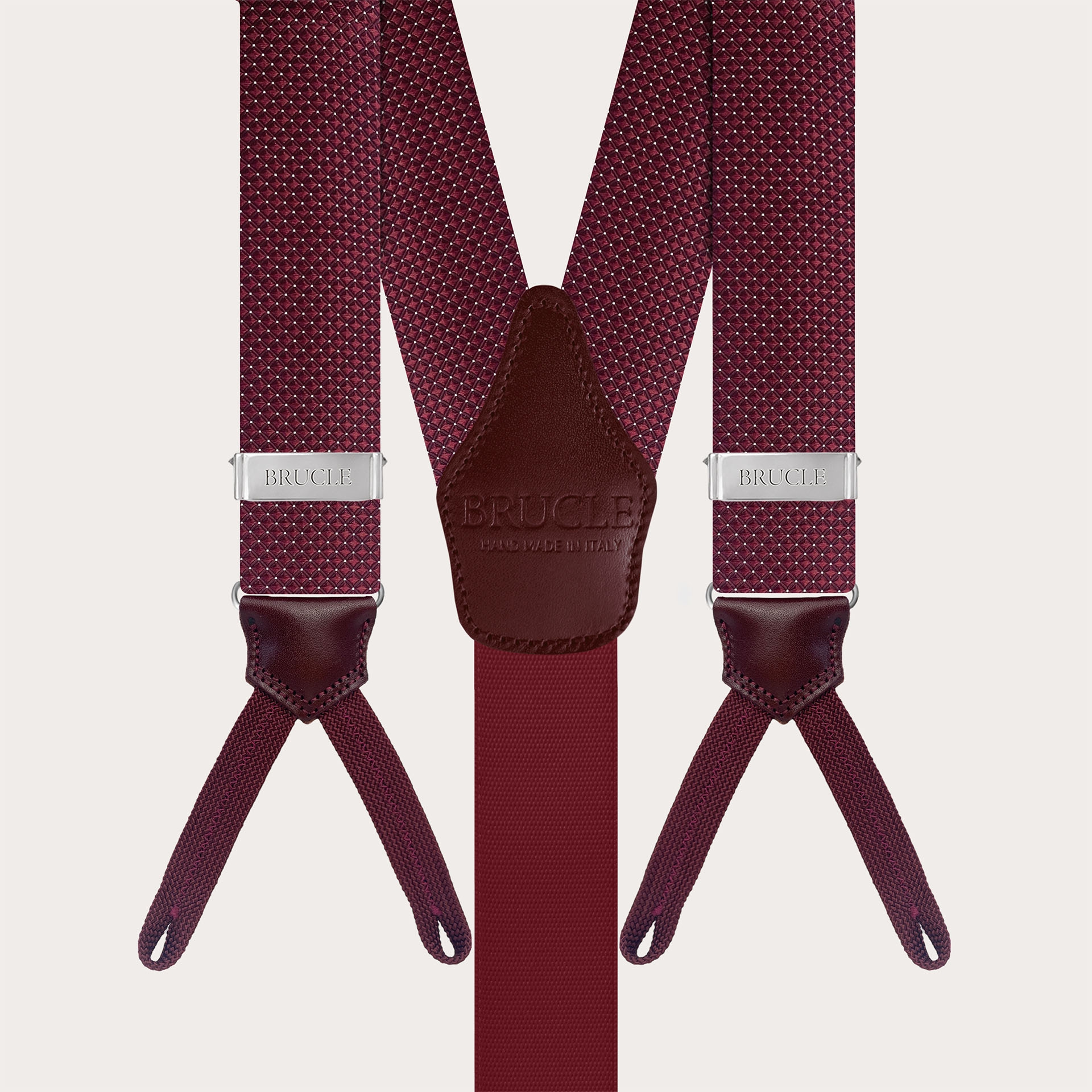 Silk suspenders for buttons with burgundy pin dot buttonholes