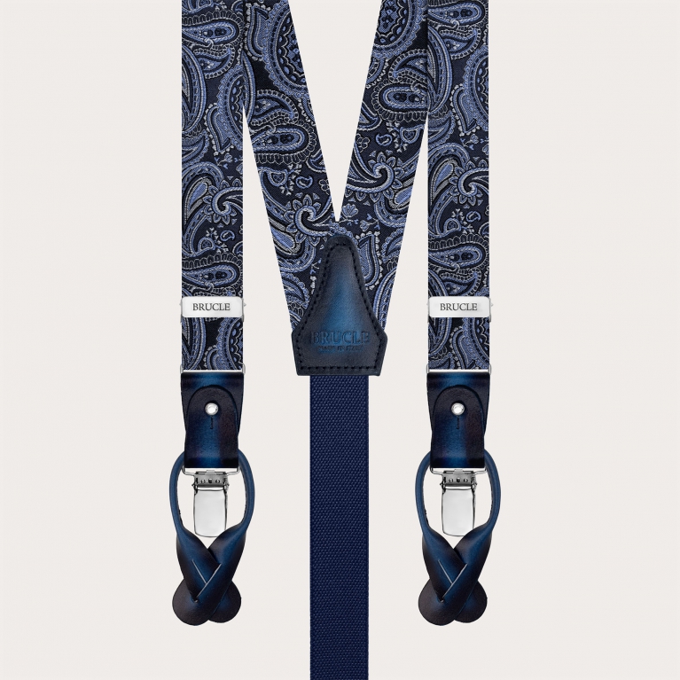 Narrow silk suspenders in blue paisley pattern for buttons or clips