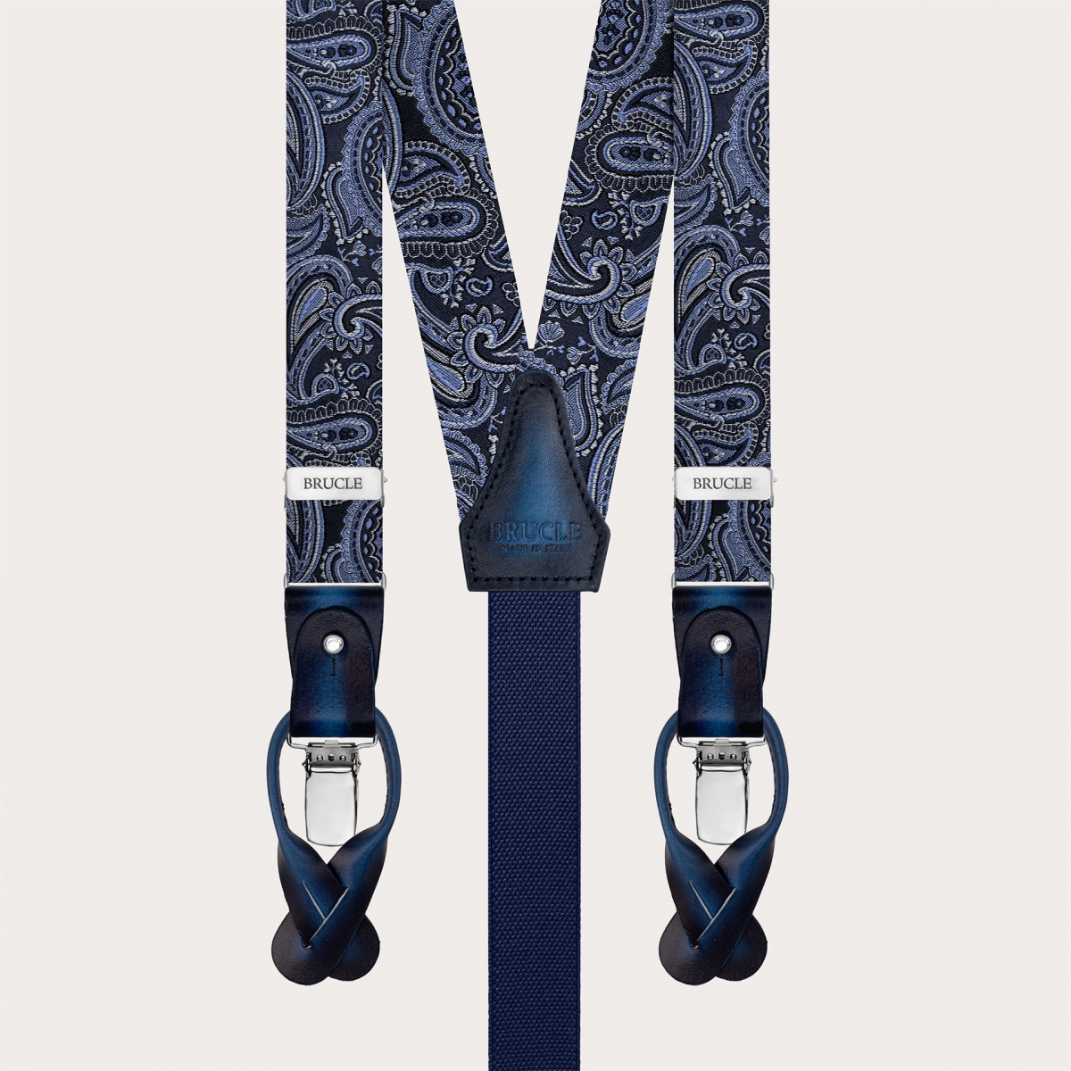 Narrow silk suspenders in blue paisley pattern for buttons or clips