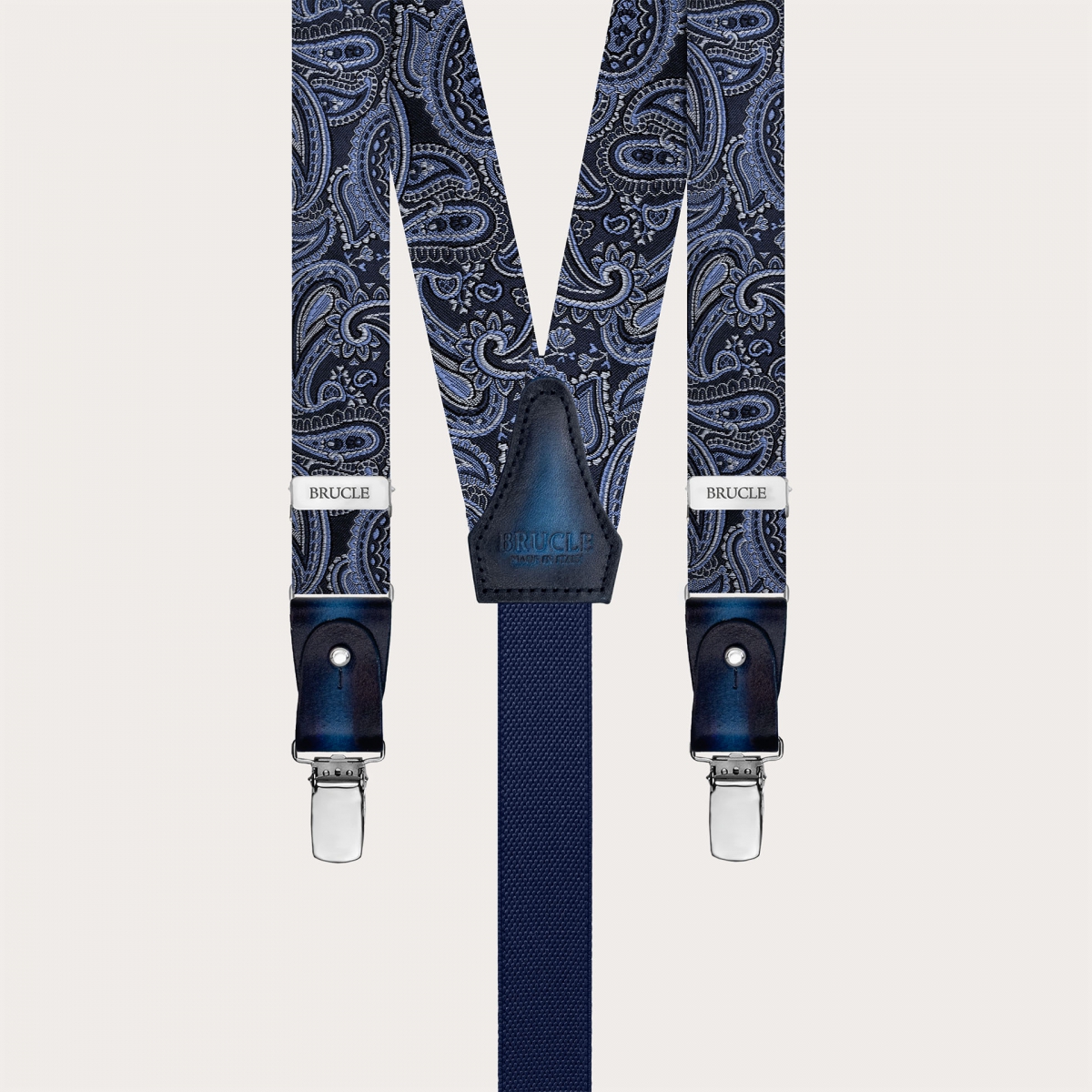 Narrow silk suspenders in blue paisley pattern for buttons or clips