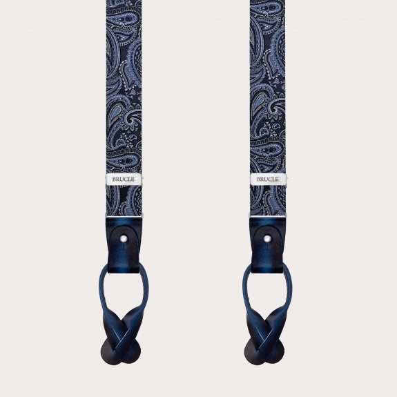 Narrow silk suspenders in blue paisley pattern for buttons or clips