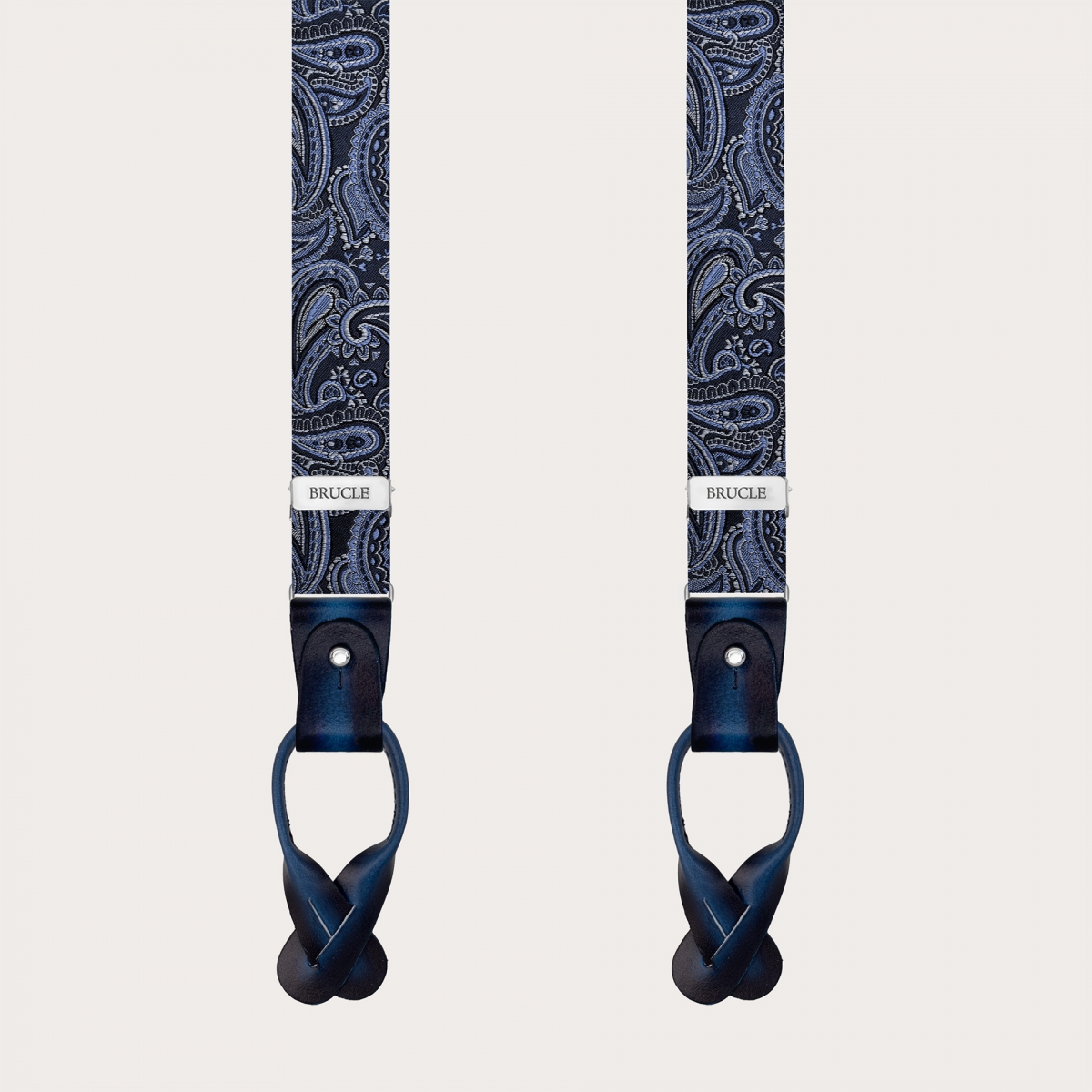 Narrow silk suspenders in blue paisley pattern for buttons or clips