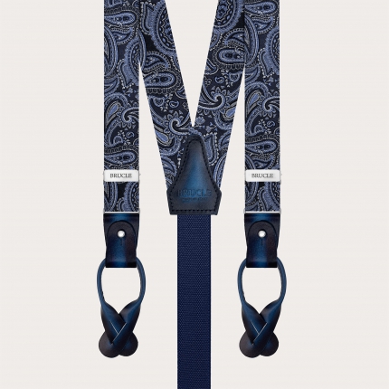 Narrow silk suspenders in blue paisley pattern for buttons or clips