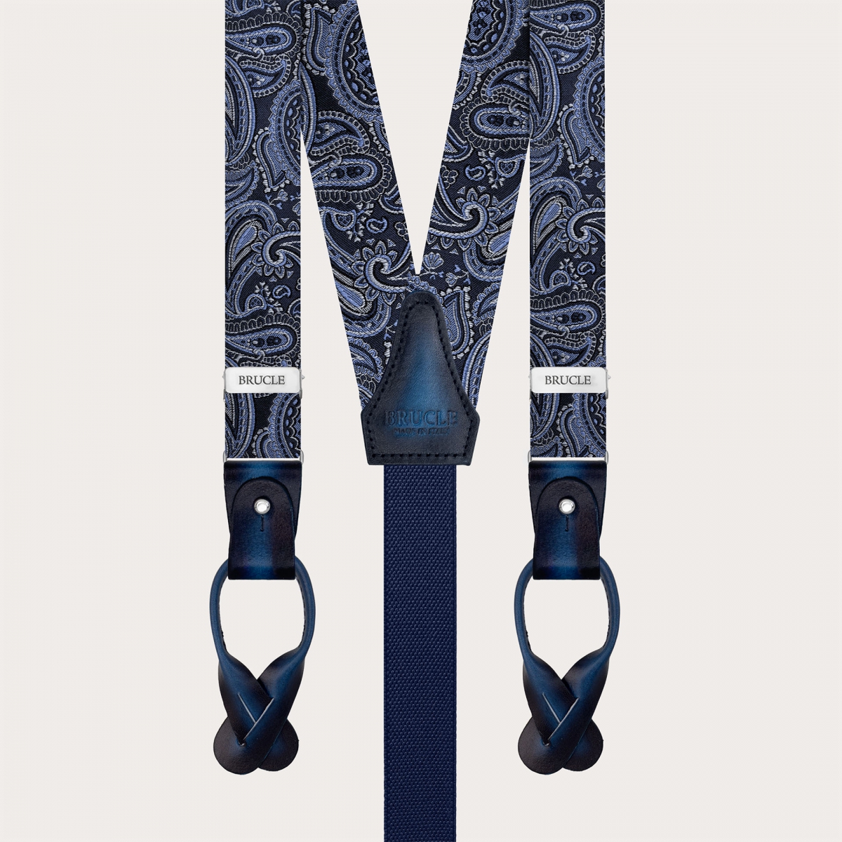 Narrow silk suspenders in blue paisley pattern for buttons or clips