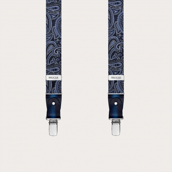 Narrow silk suspenders in blue paisley pattern for buttons or clips