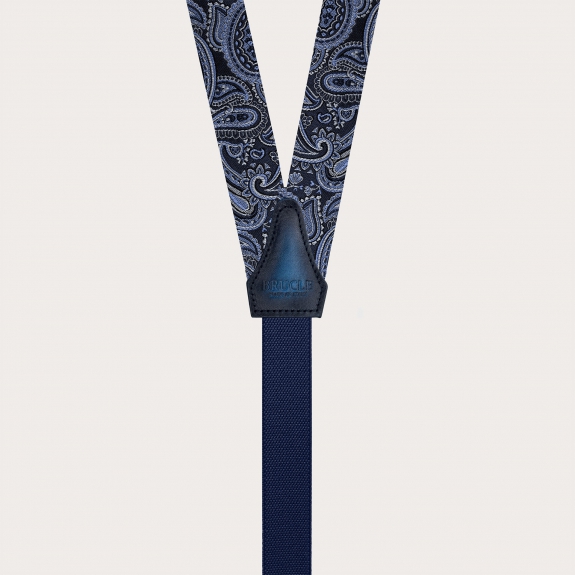 Narrow silk suspenders in blue paisley pattern for buttons or clips