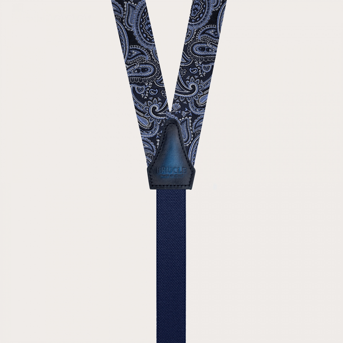 Narrow silk suspenders in blue paisley pattern for buttons or clips