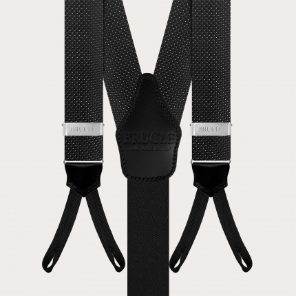 Black silk men's suspenders with pin dot pattern and buttonholes