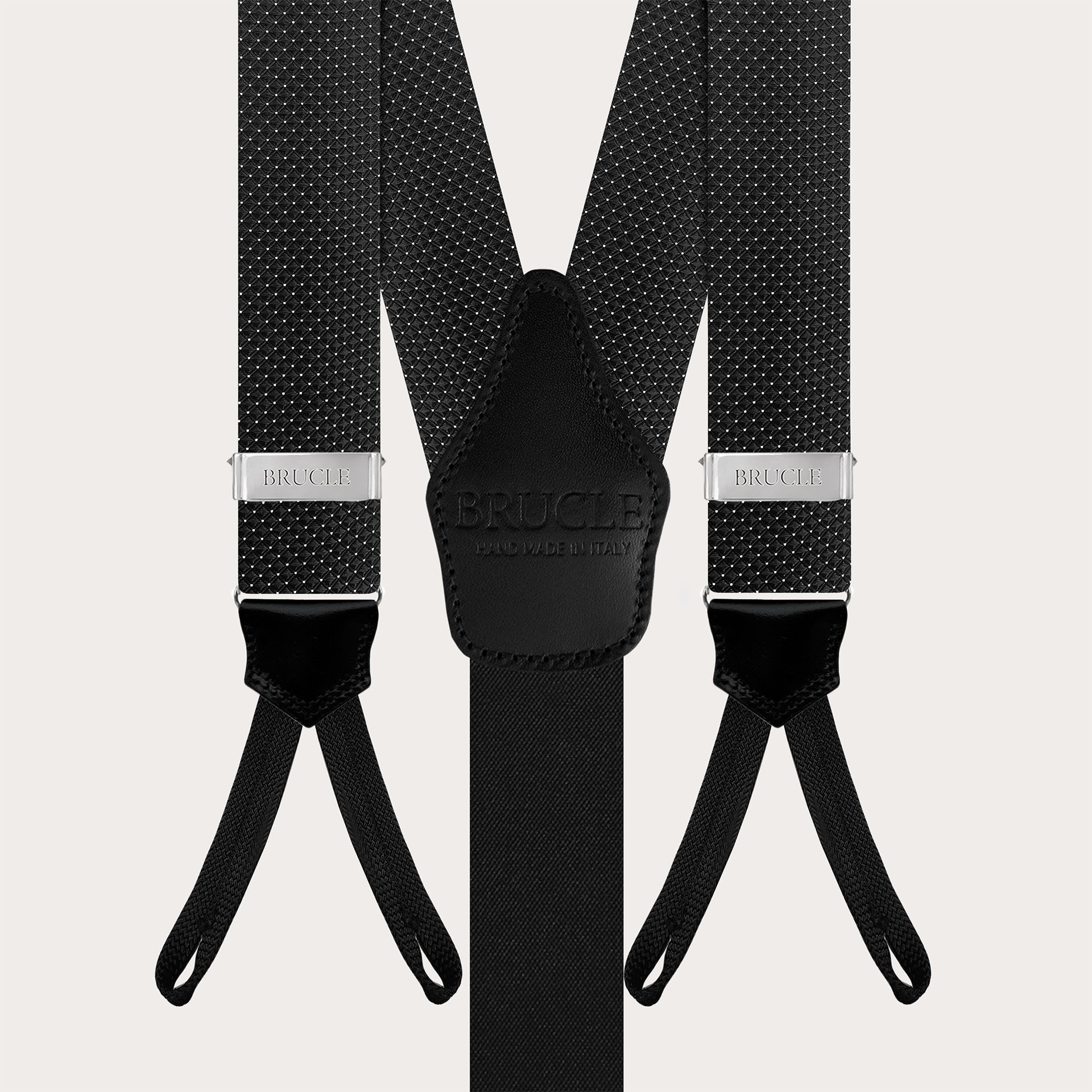 Black silk men's suspenders with pin dot pattern and buttonholes