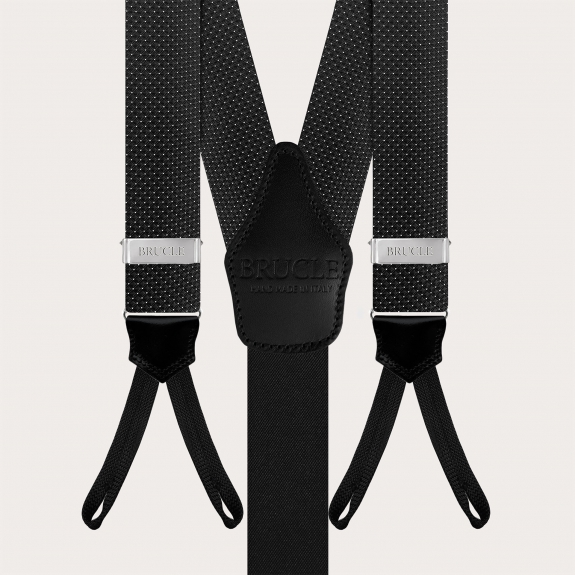 Black silk men's suspenders with pin dot pattern and buttonholes