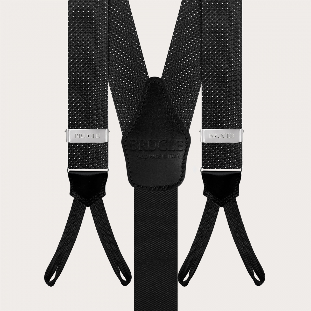 Black silk men's suspenders with pin dot pattern and buttonholes