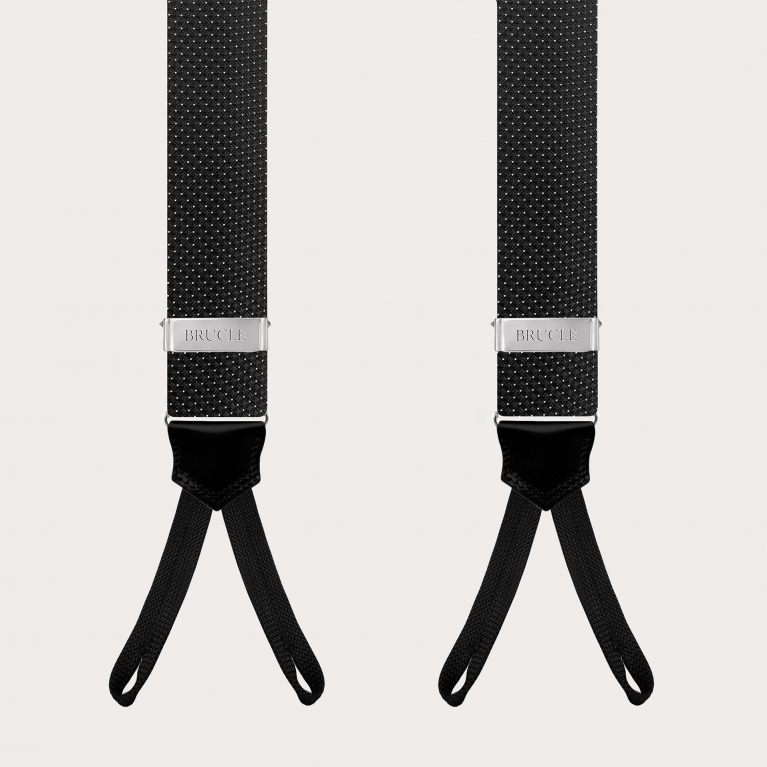 Black silk men's suspenders with pin dot pattern and buttonholes