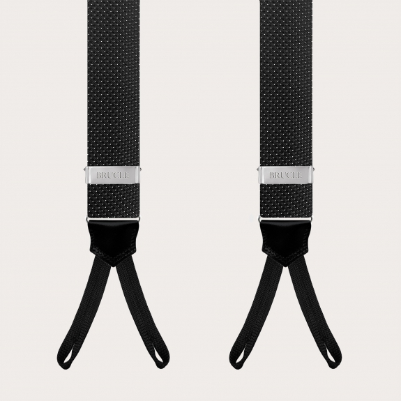 Black silk men's suspenders with pin dot pattern and buttonholes