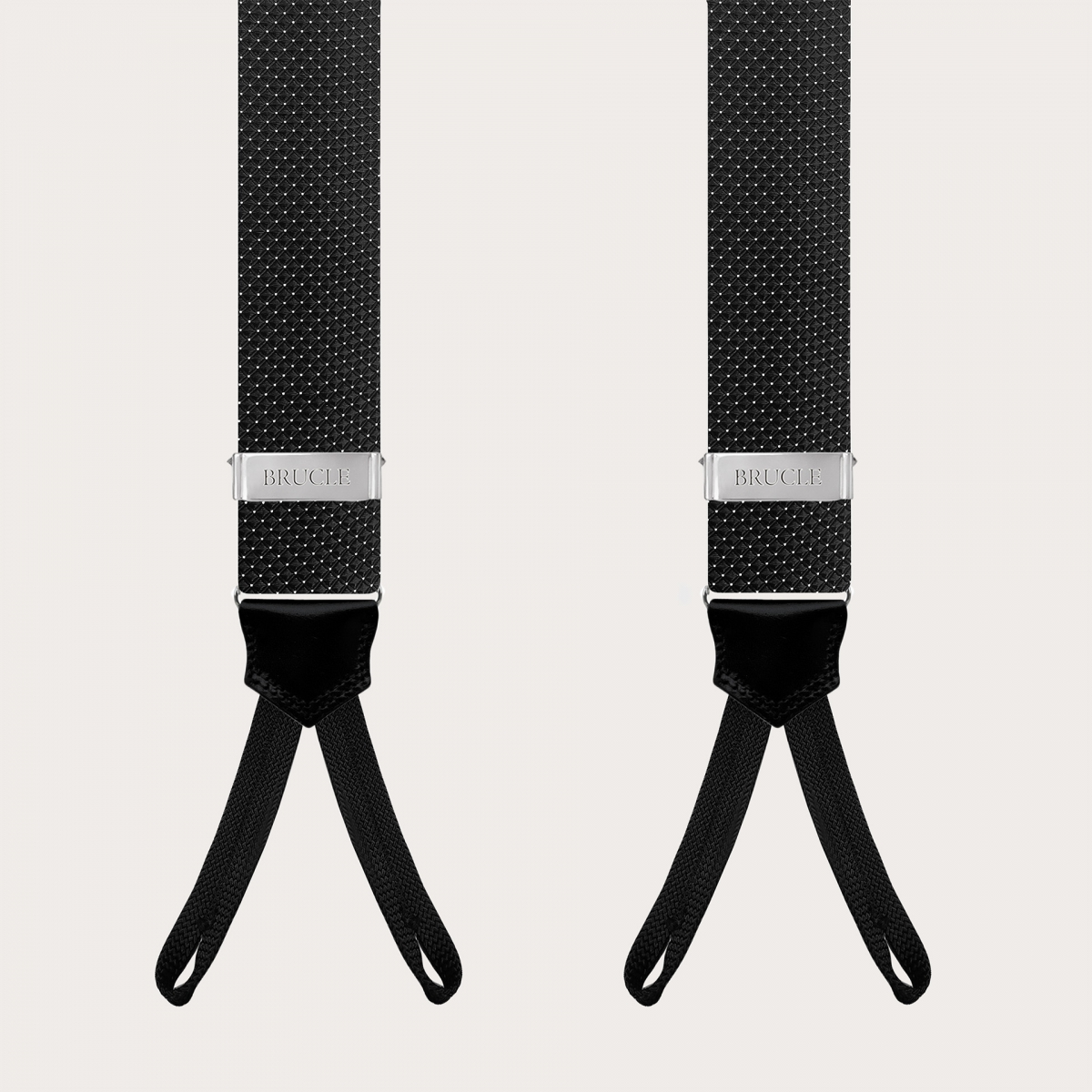 Black silk men's suspenders with pin dot pattern and buttonholes