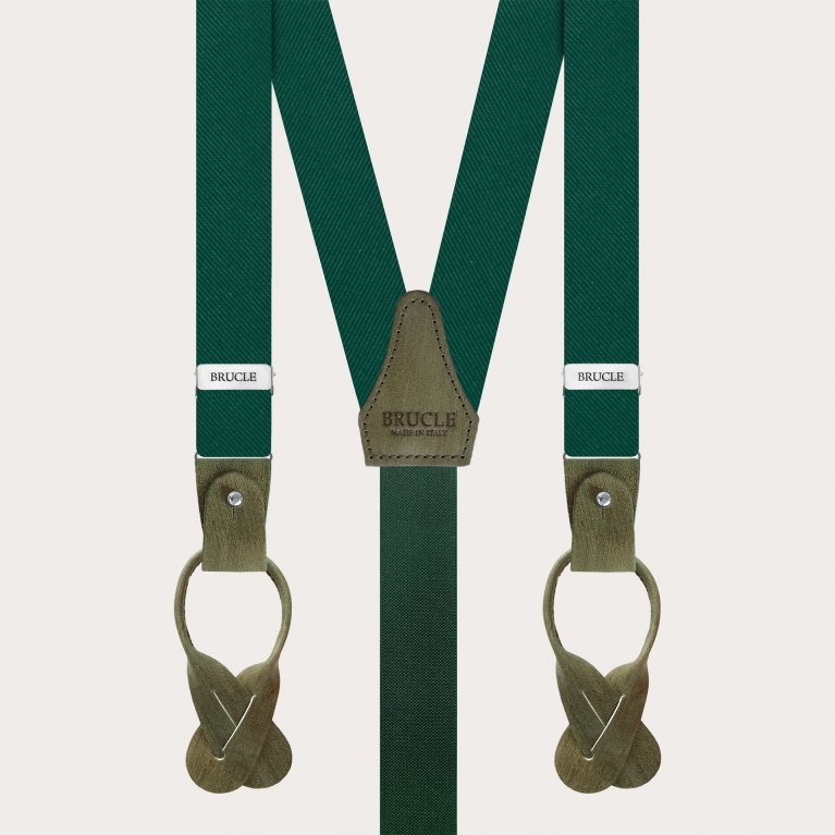 Thin suspenders in luminous green forest silk with hand colored leather