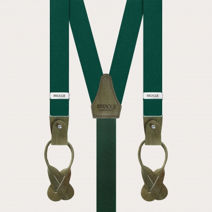 Thin suspenders in luminous green forest silk with hand colored leather