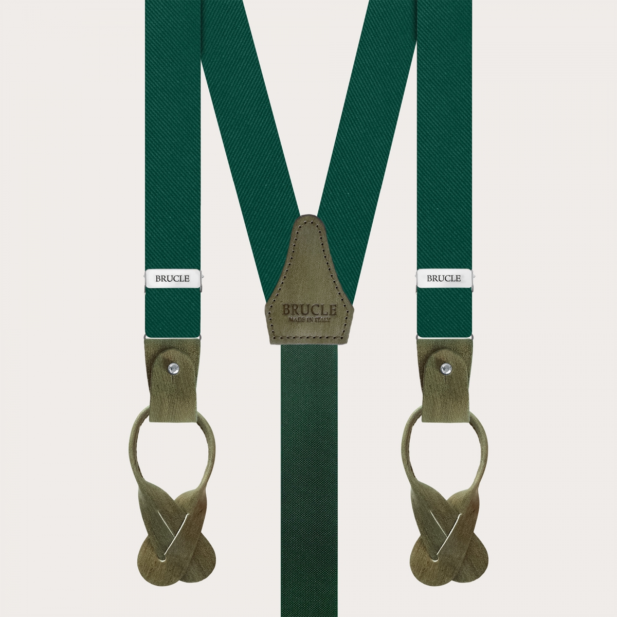 Thin suspenders in luminous green forest silk with hand colored leather