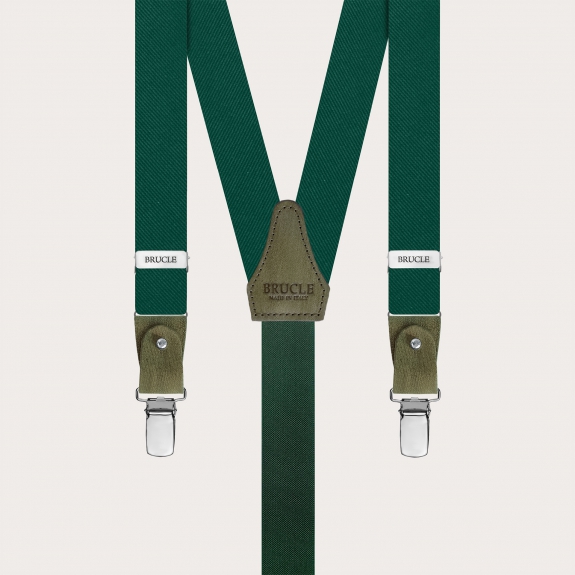 Thin suspenders in luminous green forest silk with hand colored leather