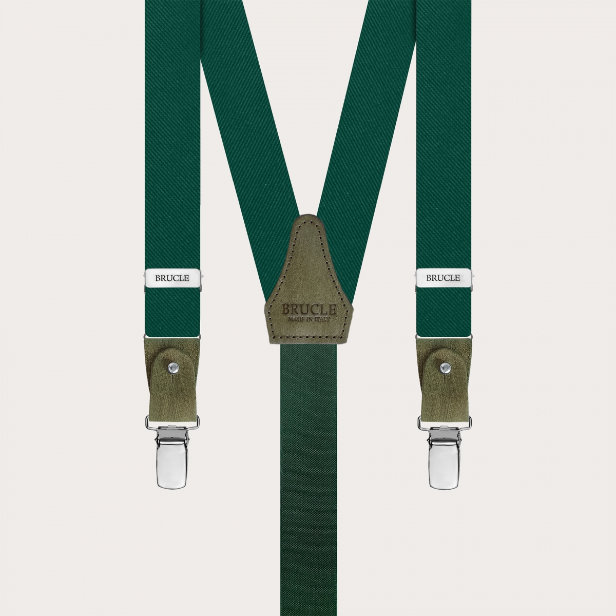 Thin suspenders in luminous green forest silk with hand colored leather