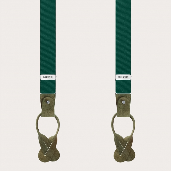 Thin suspenders in luminous green forest silk with hand colored leather