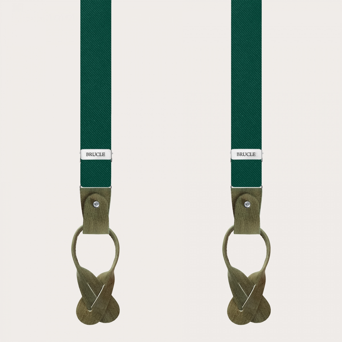 Thin suspenders in luminous green forest silk with hand colored leather