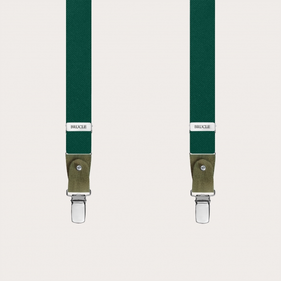 Thin suspenders in luminous green forest silk with hand colored leather