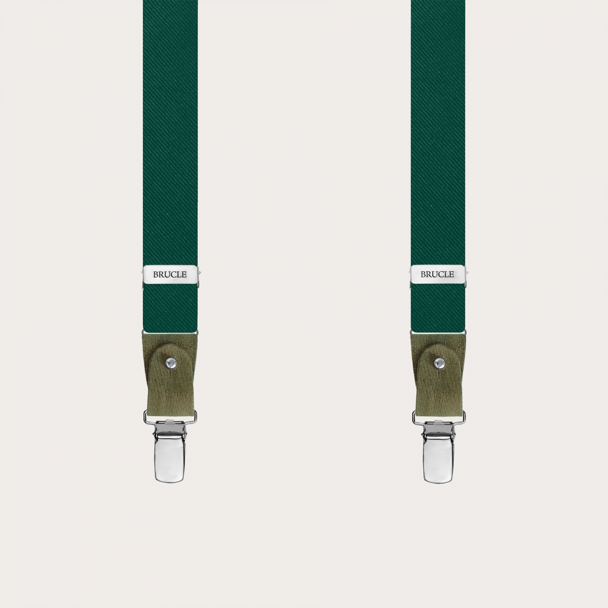 Thin suspenders in luminous green forest silk with hand colored leather