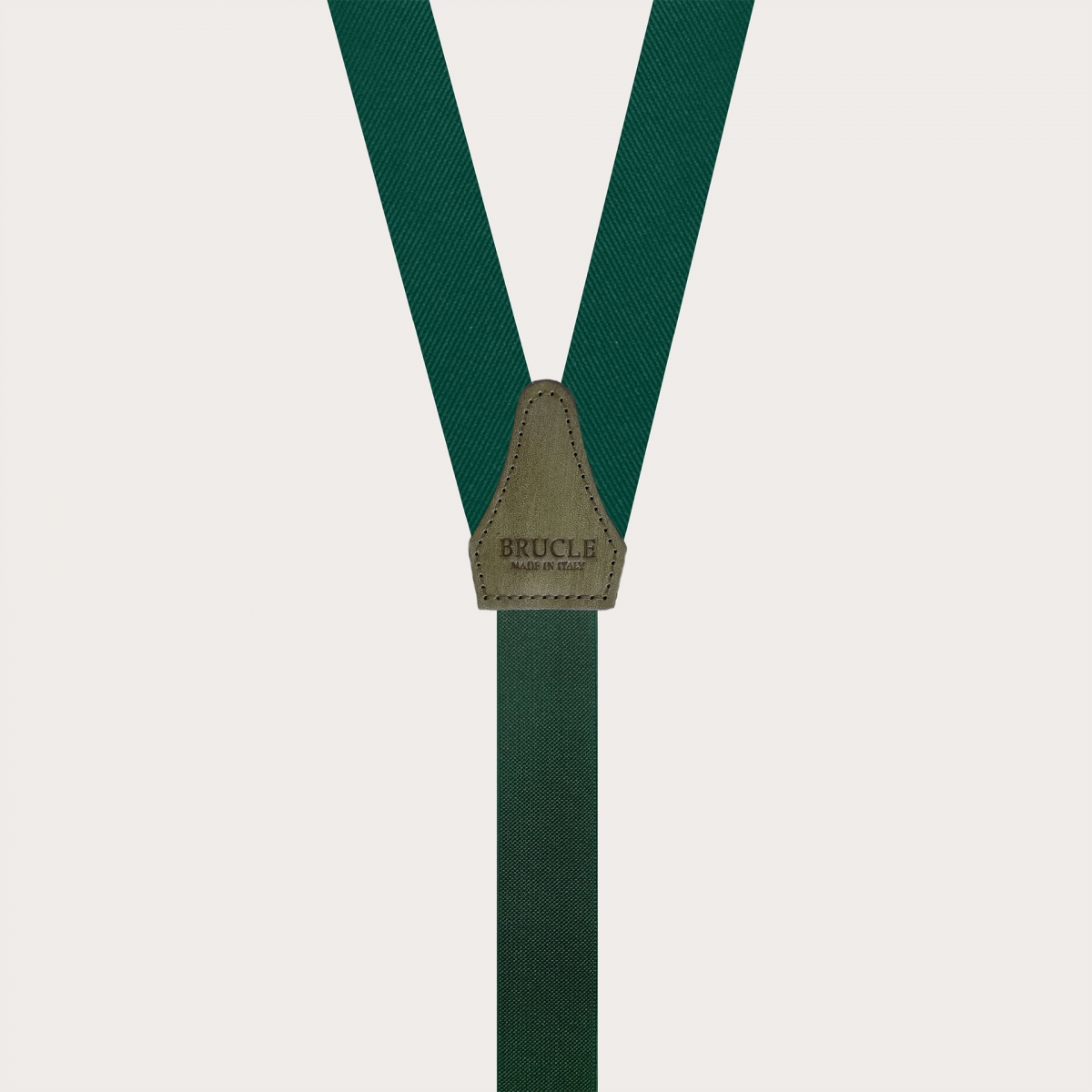 Thin suspenders in luminous green forest silk with hand colored leather