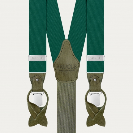 Suspenders in luminous green forest silk with hand colored leather