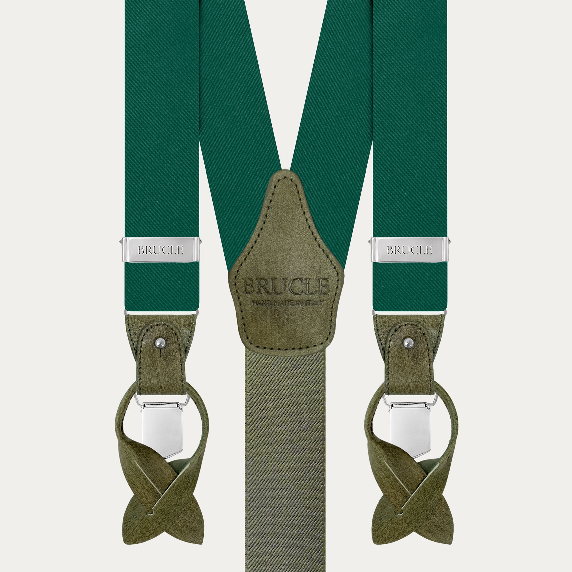 Suspenders in luminous green forest silk with hand colored leather