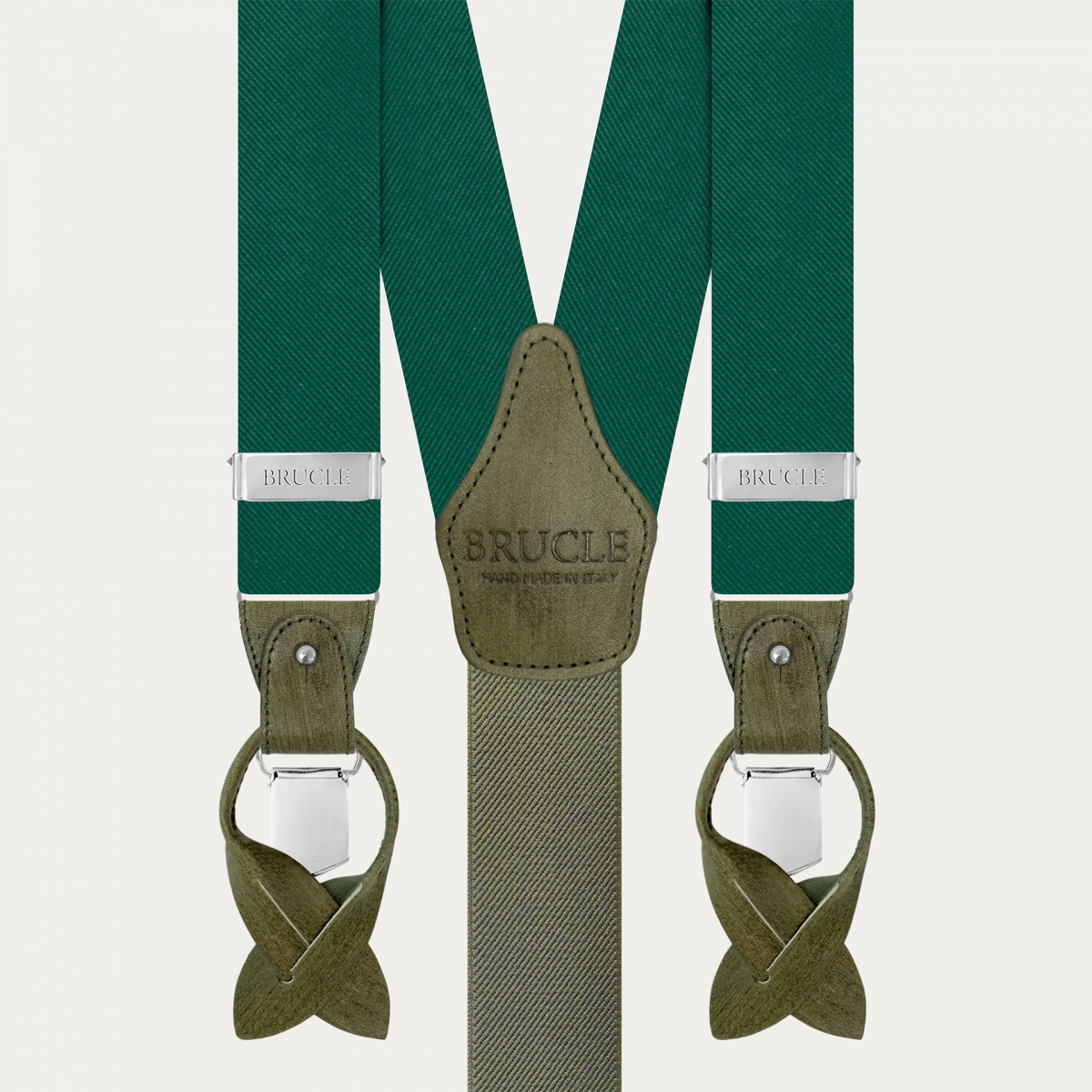 Suspenders in luminous green forest silk with hand colored leather