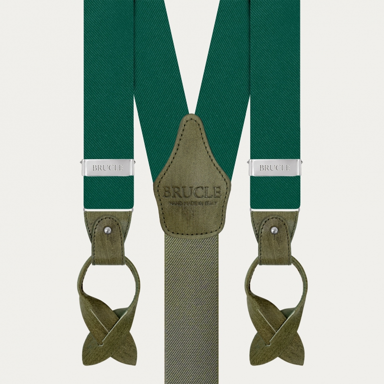 Suspenders in luminous green forest silk with hand colored leather