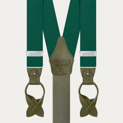 Suspenders in luminous green forest silk with hand colored leather