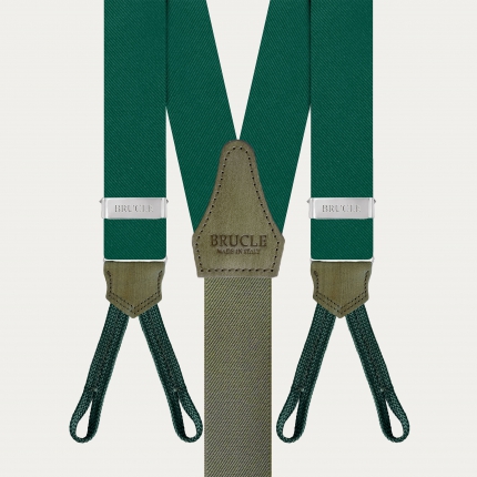 Green silk suspenders for buttons with hand-colored leather