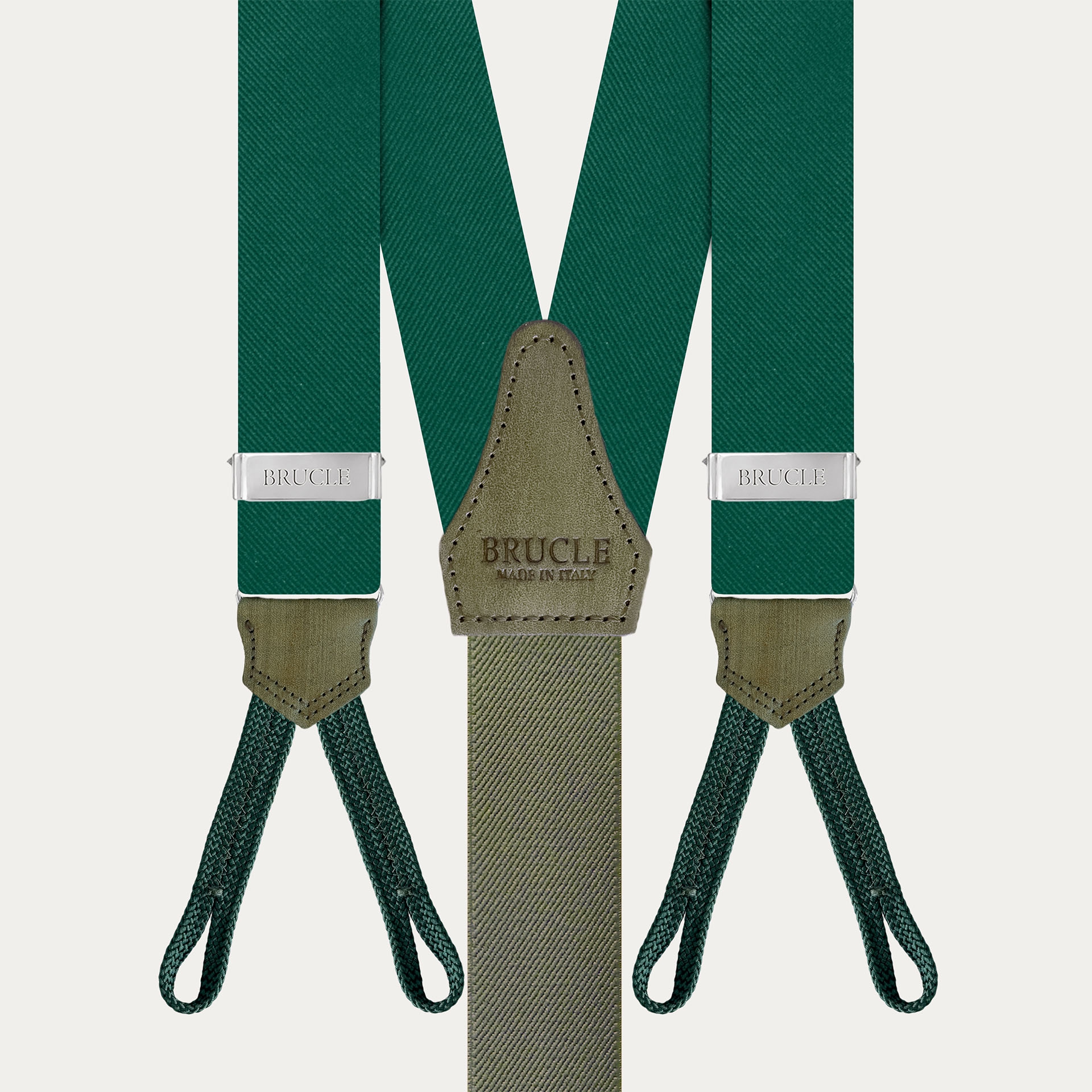 Green silk suspenders for buttons with hand-colored leather