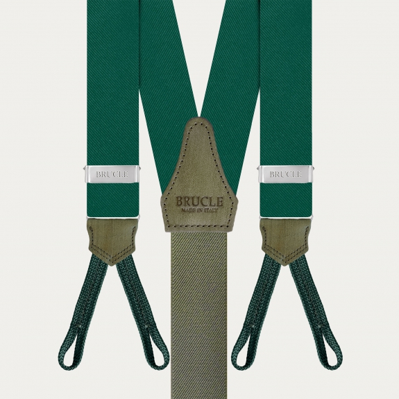 Green silk suspenders for buttons with hand-colored leather