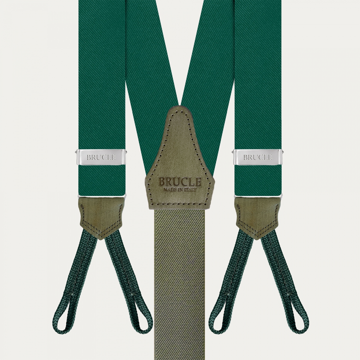 Green silk suspenders for buttons with hand-colored leather