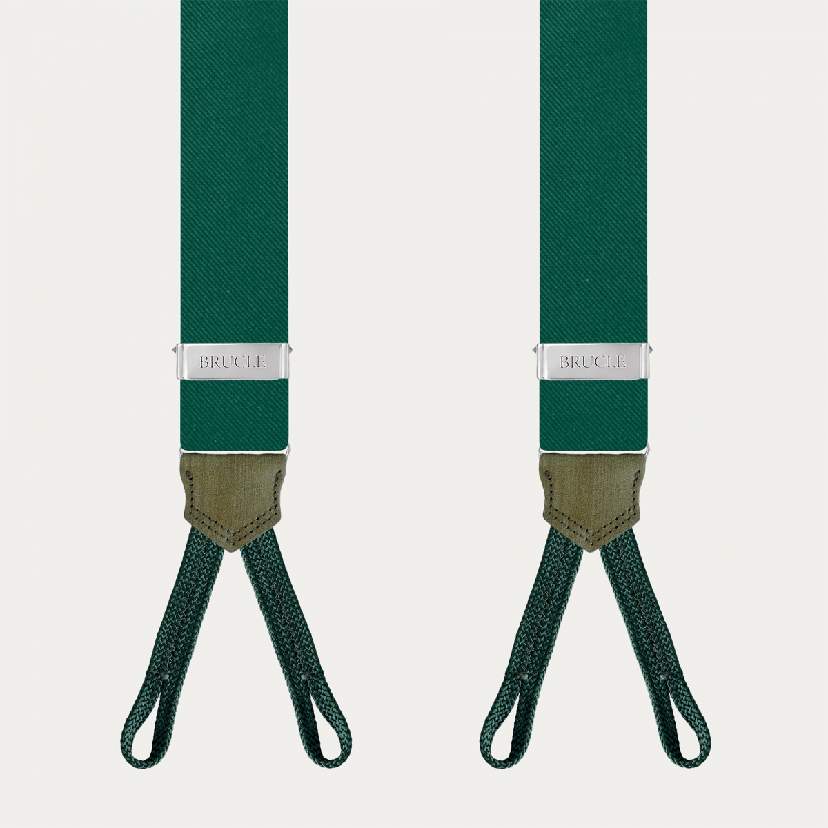 Green silk suspenders for buttons with hand-colored leather