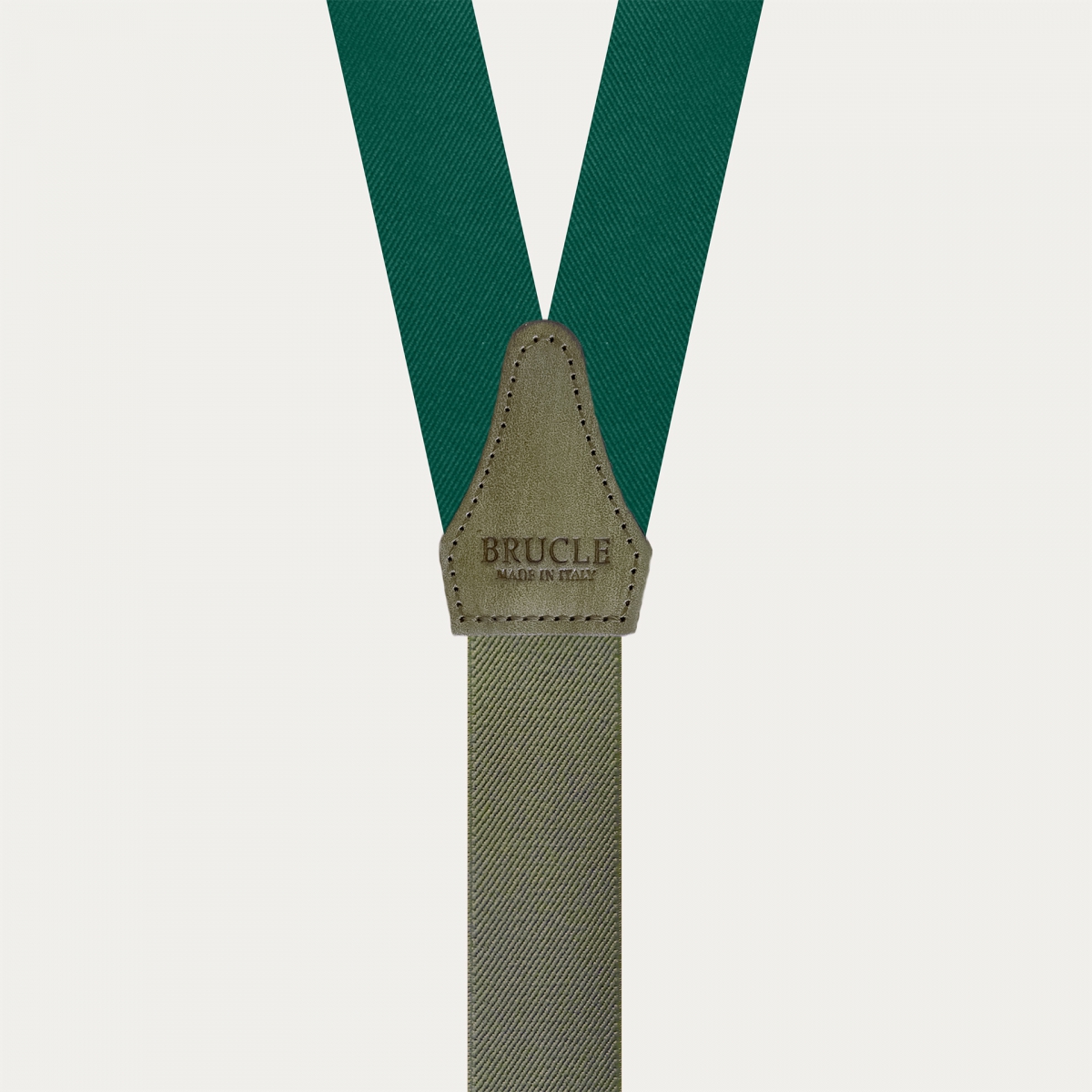 Green silk suspenders for buttons with hand-colored leather