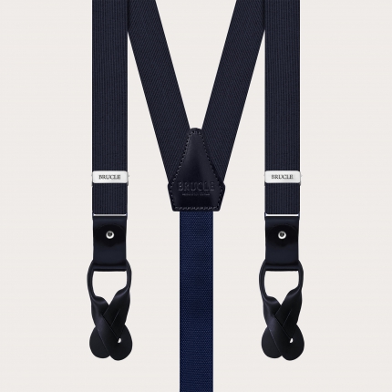 Formal skinny Y-shape pure silk suspenders, navy blue, nickel free